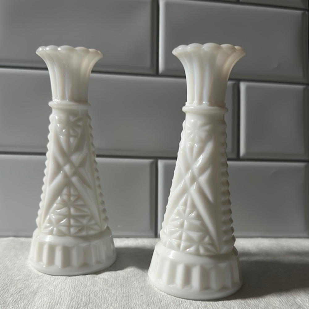2 x Vintage Milk Glass Candle Stick Holders / Vases / Home Decor / Mod Geometric